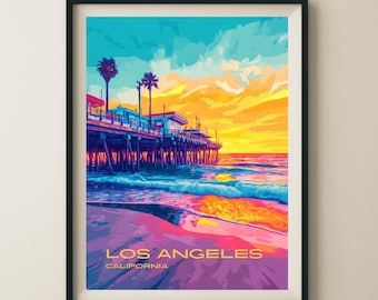 Los Angeles California Santa Monica Pier Travel Poster & Wall Art Poster Print