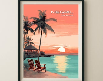 Negril Jamaica Beach Sunset Travel Poster & Wall Art Poster Print