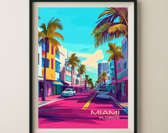 Miami Florida Ocean Drive Travel Poster & Wall Art Poster Print