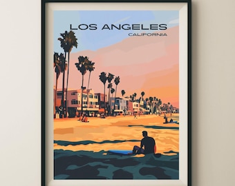 May include: A vintage-style travel poster with a sunset view of a beach in Los Angeles, California. The poster features palm trees, buildings, and a person sitting on a surfboard in the ocean. The text "Los Angeles, California" is at the top of the poster.