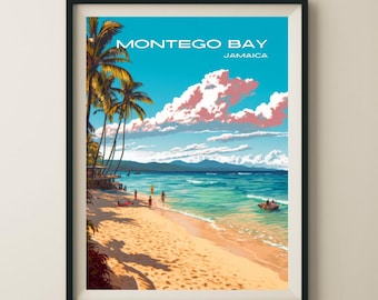 May include: A vintage travel poster featuring a beach scene with palm trees, blue water, and a boat. The text on the poster reads "Montego Bay, Jamaica".