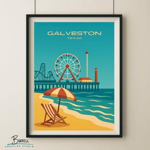Galveston Texas Pier Beach View Travel Poster & Wall Art Poster Print