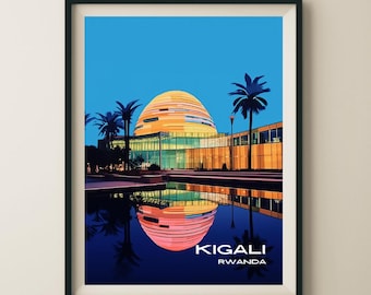 May include: A colorful illustration of a building with a dome in Kigali, Rwanda. The building is reflected in a pool of water in front of it. Palm trees are in the foreground. The text "KIGALI RWANDA" is at the bottom of the image.