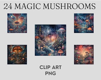 Dreamy Mushroom Wonderland Clipart Set, Watercolor Mystical Fungi Bundle for DIY Projects, Stickers, and Scrapbooking, stars, trippy, occult