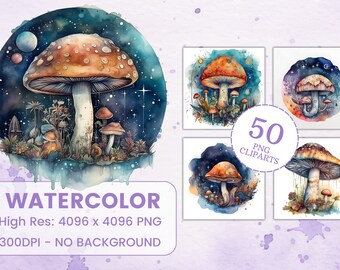 Big Bundle Watercolor Mushroom Illustrations-Set of 50 High-Resolution Whimsical Fungi Images for Crafting, Home Décor, Invitations, and DIY