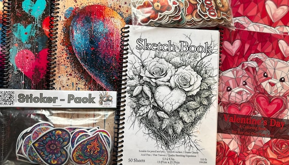 Valentine’s Day Stationery Gift Set – 9 – Piece Romantic Bundle: Coloring Books, Notebooks, Stickers & Sketchbook, Love Themed Gift Bundle