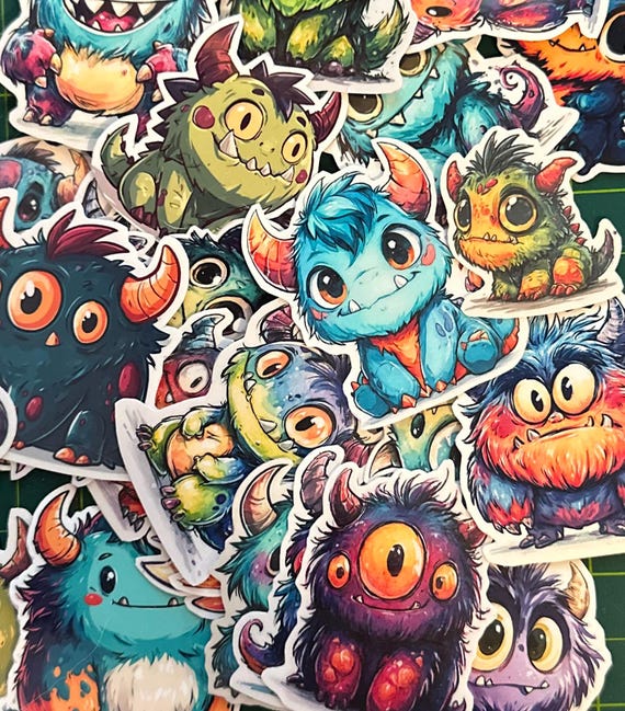 Cute Monster Sticker Pack – 36 Adorable Vinyl Stickers, Glossy Cartoon Monster Decals for Kids, Planners, Laptops & Gifts