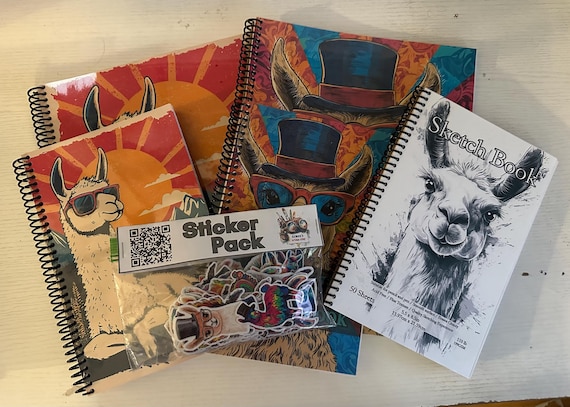 Funny Llama Stationery Bundle – Coloring Books (2 Sizes), Notebooks (2 Sizes), Sketchbook, 72 Stickers – Cute Llama Gift Set