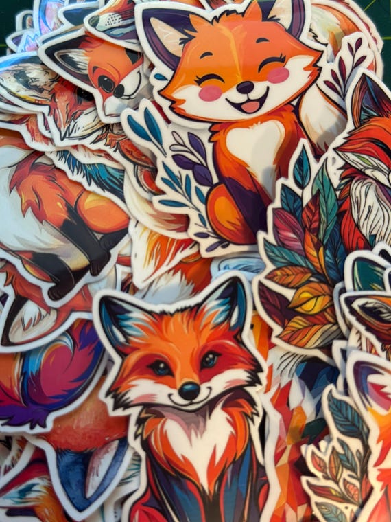 Cute Fox Sticker Pack – 55 Adorable Fox-Themed Glossy Vinyl Stickers, Laminated Animal Decals for Laptops, Water Bottles, Planners & Gifts