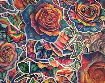 Rainbow Rose Sticker Pack – 72 Colorful Rose Glossy Vinyl Stickers, Laminated Floral Decals for Laptops, Water Bottles, Planners & Gifts