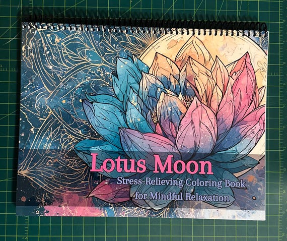 Lotus Moon Coloring Book – 8.5x11in Landscape, 35 Lotus & Moon Designs, Top Spiral Bound, Adult Coloring Book for Relaxation and Mindfulness