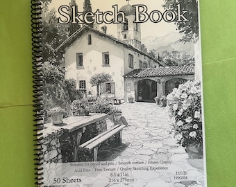 Church Courtyard Cover Sketchbook - 8.5x11in, 50 Sheets, Spiral Bound, Drawing Pad, Science-Inspired Art Supplies, Professional & Hobby Use