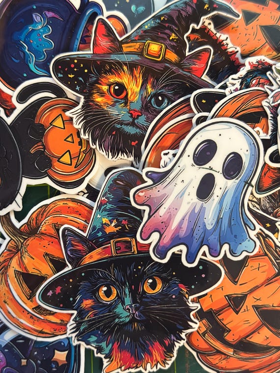 Cute Halloween Sticker Pack – 48 Adorable and Spooky Vinyl Stickers, Laminated Decals for Laptops, Water Bottles, Planners & Gifts