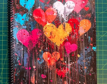 Dripping Hearts Lined Notebook – Spiral Soft Cover Journal (8.5x11in & 5.5x8.5in, 120 Pages) with Paint Drip Heart Design