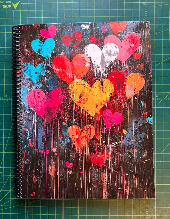 Dripping Hearts Lined Notebook – Spiral Soft Cover Journal (8.5x11in & 5.5x8.5in, 120 Pages) with Paint Drip Heart Design