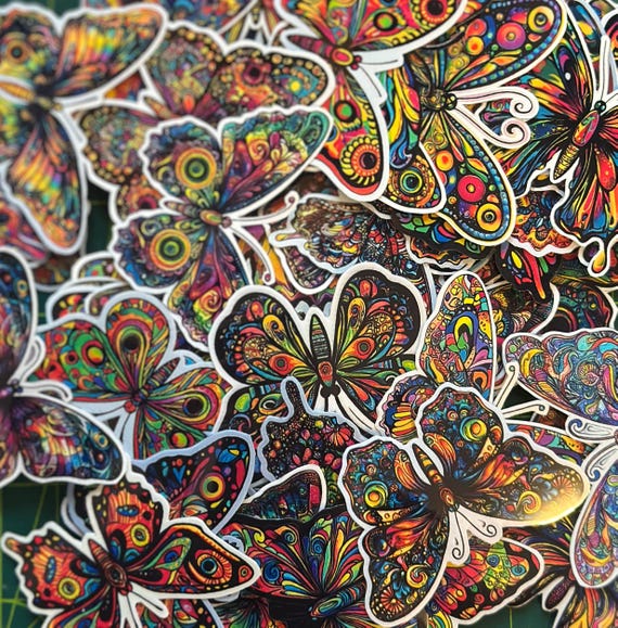 Psychedelic Butterfly Sticker Pack – 72 Trippy Vinyl Stickers, Glossy Laminated Butterfly Decals for Laptop, Water Bottles, Planners & Gifts