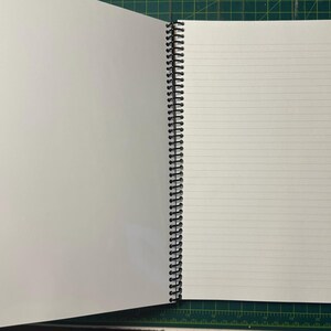 Puede incluir: Cuaderno abierto con espiral y p&aacute;ginas blancas en blanco. La p&aacute;gina izquierda est&aacute; vac&iacute;a, mientras que la p&aacute;gina derecha presenta l&iacute;neas horizontales. El cuaderno est&aacute; abierto sobre una esterilla de corte verde.