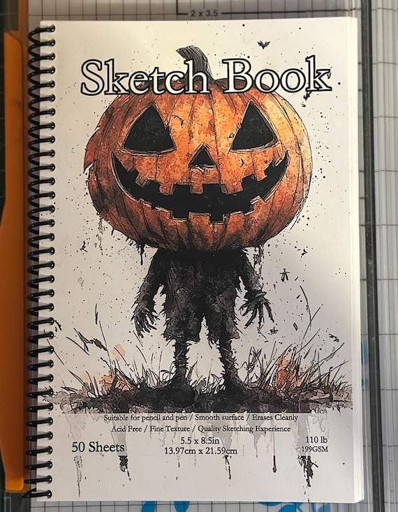 Jack‑O’-Lantern Head Sketchbook – 5.5″ × 8.5″, 50 Sheets, Spiral Bound, Halloween Character Cover, Spooky Drawing Pad
