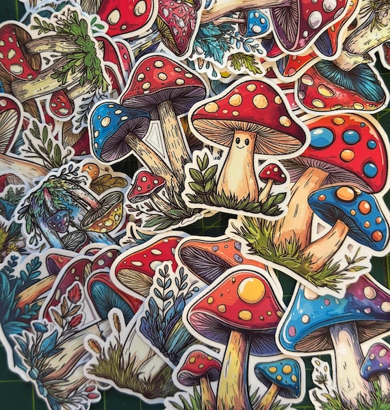 Cute Colorful Mushroom Sticker Pack – 48 Whimsical Vinyl Stickers, Glossy Laminated Fungi Decals for Laptops, Water Bottles, Planners & Gift