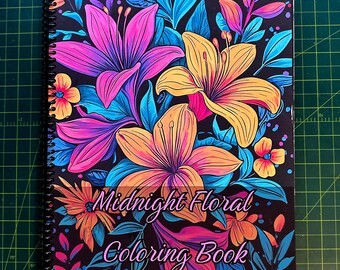 Midnight Floral Adult Coloring Book – 8.5x11in, 38 Floral Designs on Black Background, Thick Paper, Anti-Bleed, Dark Botanical Theme