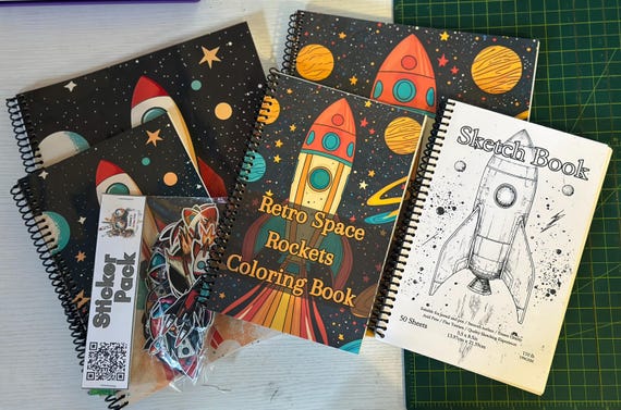 Retro Rocket Ship Stationery Bundle – Coloring Books, Lined Notebooks, Sketchbook & Sticker Pack | Space Theme Gift Set