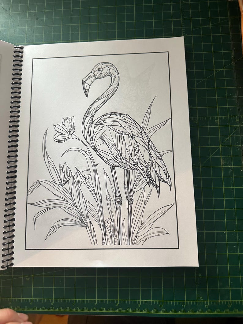 K&ouml;nnte beinhalten: Eine Schwarzwei&szlig;-Zeichnung eines Flamingos, der in einem Pflanzenbeet steht. Der Flamingo ist in einem geometrischen Stil gezeichnet, wobei sein K&ouml;rper und seine Beine aus vielen kleinen Dreiecken bestehen. Die Pflanzen sind ebenfalls in einem geometrischen Stil gezeichnet, wobei ihre Bl&auml;tter und St&auml;ngel aus vielen kleinen Linien bestehen.