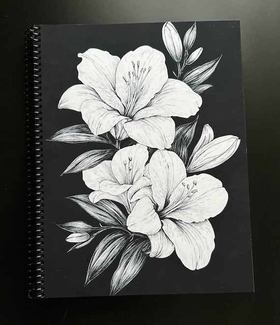 Midnight Lilies Notebook – 8.5x11in Spiral-Bound Black Paper Notebook with White Lines | Part of The Midnight Series