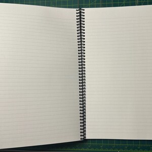 Puede incluir: Cuaderno abierto con p&aacute;ginas rayadas, encuadernado con una espiral negra. El cuaderno est&aacute; abierto, mostrando dos p&aacute;ginas en blanco con l&iacute;neas horizontales. Las p&aacute;ginas son blancas y el cuaderno est&aacute; sobre una esterilla de corte verde.