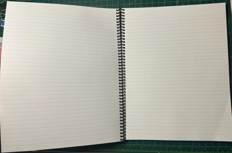 Puede incluir: Cuaderno abierto con p&aacute;ginas rayadas, encuadernado con una espiral negra. El cuaderno est&aacute; abierto, mostrando dos p&aacute;ginas en blanco con l&iacute;neas horizontales. Las p&aacute;ginas son blancas y el cuaderno est&aacute; sobre una esterilla de corte verde.