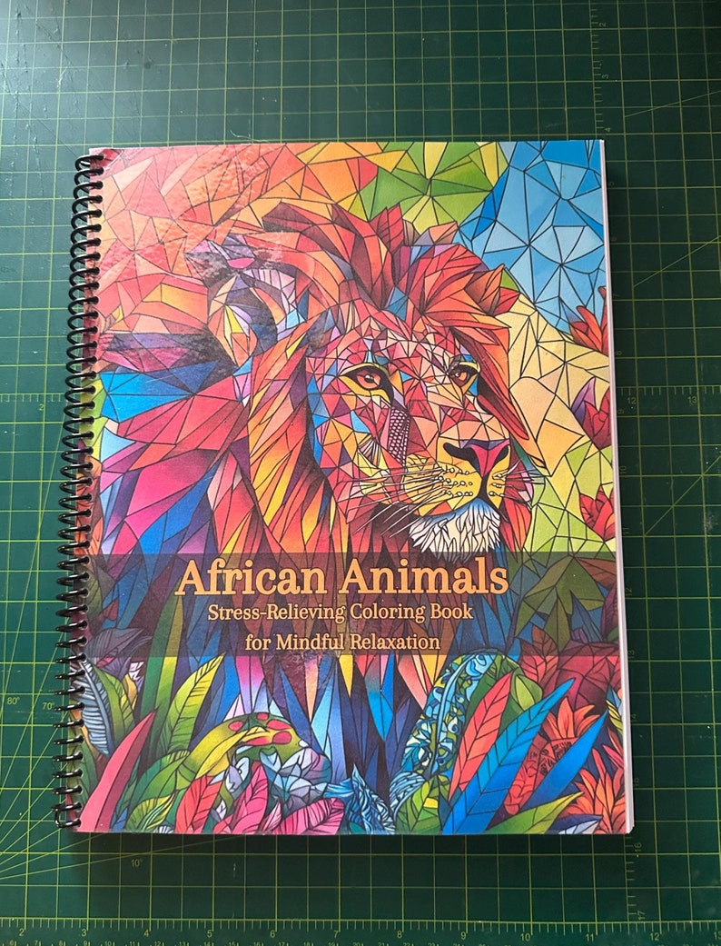 K&ouml;nnte beinhalten: Ein farbenfroher Einband eines Malbuches mit einem L&ouml;wen mit geometrischem Muster. Der Titel des Buches lautet "African Animals Stress-Relieving Coloring Book for Mindful Relaxation".