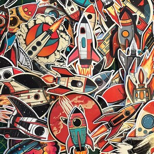 May include: A collection of colorful rocket ship stickers in various designs. The stickers feature red, orange, white, and black rockets with flames and retro-style illustrations. Some rockets are shown launching, while others are in space.