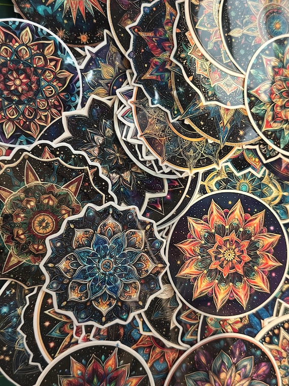Celestial Mandala Sticker Pack – 72 Mystical Mandala Glossy Vinyl Stickers, Laminated Mandala, for Laptops, Water Bottles, Planners, Gifts