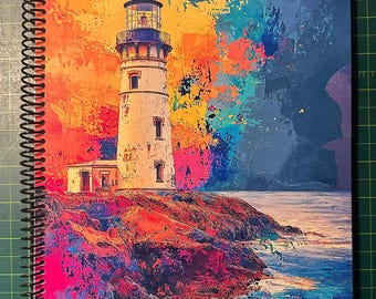 Vibrant Lighthouse Lined Notebook – Soft Cover, Spiral Bound, 60 Sheets (120 Pages), Two Sizes: 8.5×11″ & 5.5×8.5″, Coastal Stationery