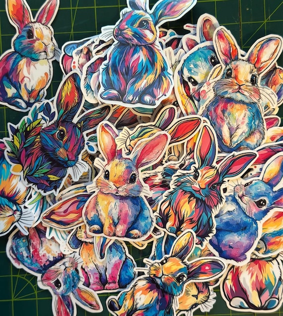 Cute Colorful Bunny Sticker Pack – 48 Adorable Vinyl Stickers, Glossy Laminated Bunny Decals for Journals, Water Bottles, Laptops & More