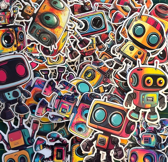Cute Robot Sticker Pack – 72 Adorable Vinyl Stickers, Glossy Laminated Decals for Laptops, Water Bottles, Planners & Tech Gifts