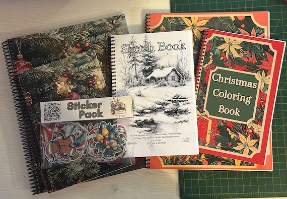 Christmas Stationery Gift Bundle — Tree Notebooks (Large & Small), Cabin Sketchbook, 2 Coloring Books and 60 Holiday Stickers — Writing Set