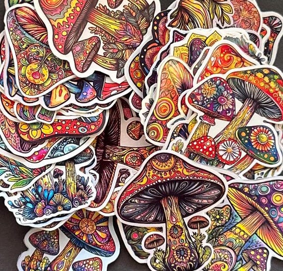 Colorful Psychedelic Mushroom Sticker Pack | 45 Groovy Mushroom-Themed Stickers | Stickers for Journalling, Planners, Scrapbooking, Laptops