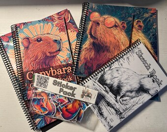 Paquete de papelería de carpincho: libros para colorear, cuaderno de dibujo, libreta y pegatinas / Set de regalo de animales adorables / Artículos divertidos para los amantes de los carpinchos