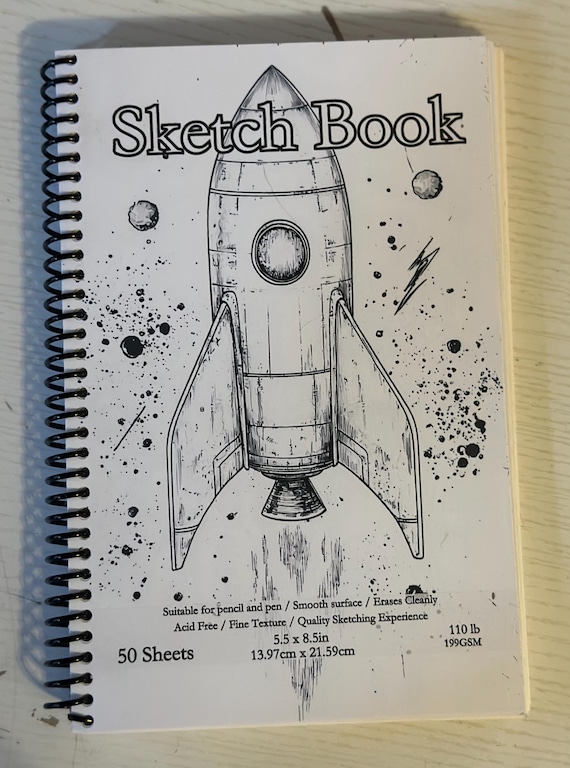 Retro Rocket Ship Sketchbook – 5.5″ × 8.5″, 50 Sheets, Spiral Bound, Vintage Space Cover, Artist & Hobby Drawing Pad