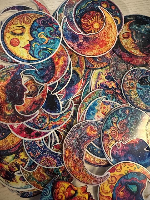 Psychedelic Moon Sticker Pack – 72 Trippy Moon Glossy Vinyl Stickers, Laminated Cosmic Decals, Laptops, Water Bottles, Planners & Gifts