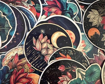 Lotus Moon Sticker Pack – 72 Spiritual Moon & Lotus Glossy Vinyl Stickers, Laminated Boho Decals, Laptops, Water Bottles, Planners - Gifts