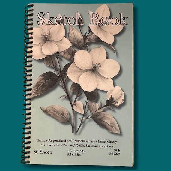Jasmine Sketchbook - 5.5x8.5in, 50 Sheets, Spiral Bound, Premium Drawing Pad, Art Supplies, Floral Sketch Pad, Professional & Hobby Use