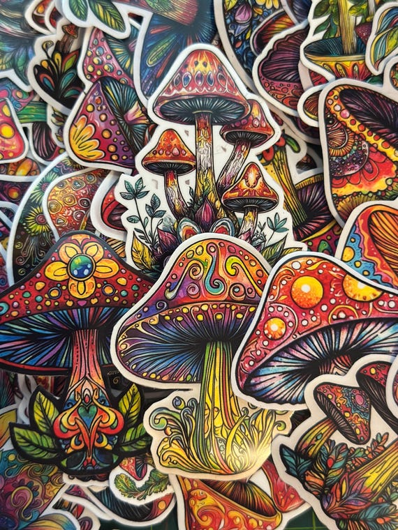 Colorful Psychedelic Mushroom Sticker Pack — 72 Groovy Mushroom Stickers, Laminated Vinyl Decals for Journals, Laptops & More