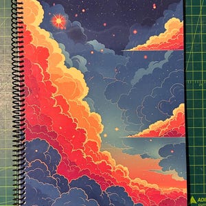 May include: Spiral-bound notebook featuring a vibrant illustration of a night sky with stylized clouds in shades of red, orange, and blue. The cover art depicts a celestial scene with stars and a gradient effect, creating a dreamy aesthetic.