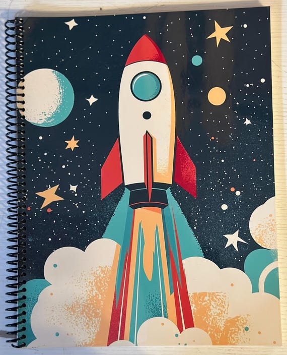 Retro Rocket Ship Lined Notebook – Soft Cover, Spiral Bound, 60 Sheets (120 Pages), Two Sizes: 8.5″×11″ & 5.5″×8.5″, Vintage Space Journal