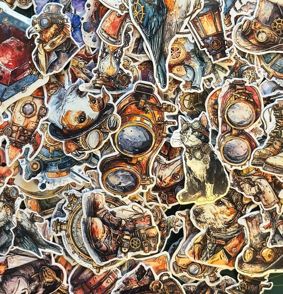 Steampunk Sticker Pack – 115 Detailed Vinyl Stickers, Glossy Laminated Decals for Laptops, Water Bottles, Planners & Gifts
