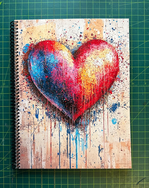 Splatter Heart Lined Notebook – Single Dripping Paint Heart Design, Spiral Soft Cover (8.5x11in & 5.5x8.5in, 120 Pages)