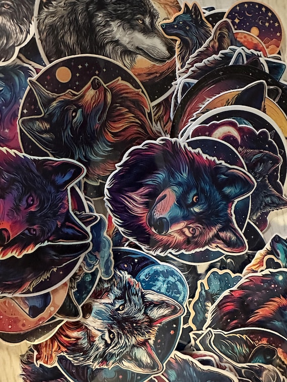 Celestial Wolf Sticker Pack – 72 Mystical Wolf Glossy Vinyl Stickers, Laminated Moon & Stars Decals, Laptops, Water Bottles, Planners, Gifts