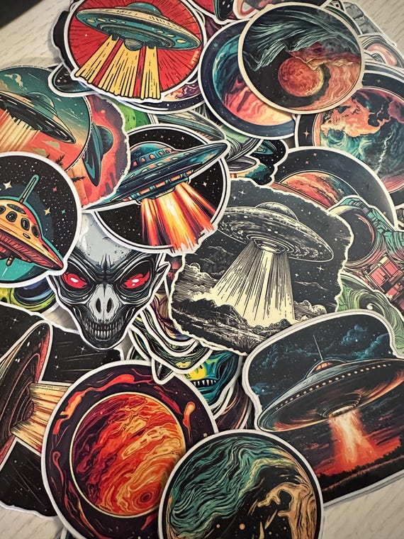 Aliens, UFO & Space Sticker Pack – 72 Cosmic Glossy Vinyl Stickers, Laminated Extraterrestrial, for Laptops, Water Bottles, Planners - Gifts