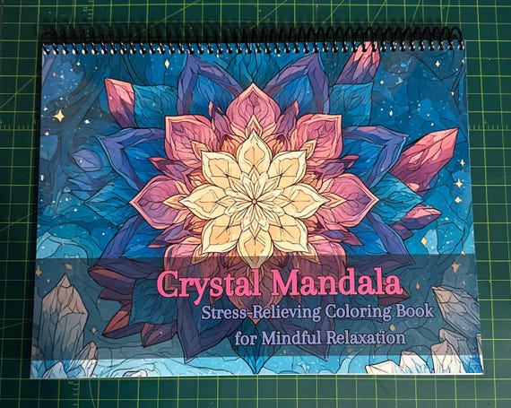 Crystal Mandala Coloring Book – 8.5x11in Landscape, 34 Mandala & Crystal Designs, Top Spiral Bound, Adult Coloring Book for Relaxation